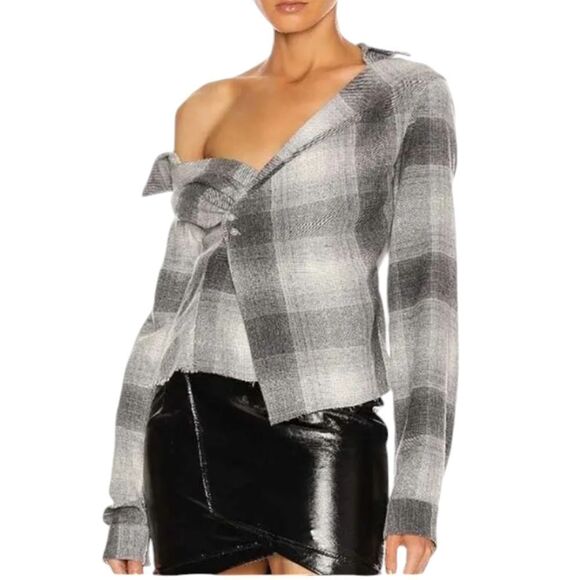 RTA Lizbeth plaid top longsleeve wool blend asymmetric grey wrap off shoulder XS - Picture 1 of 15